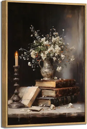 Arte de Pared en Lienzo Enmarcado de Libros de Flores Melancólicas Estilo Victoriano Póster Impresiones Rústicas Flores Antiguas Naturaleza Muerta