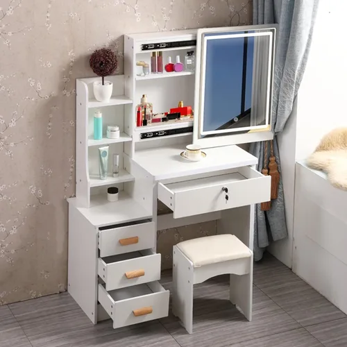Miniatura 5 de Escritorio de tocador con espejo iluminado LED, mesa de tocador de maquillaje con 4 cajones para dormitorio, baño, tocador con luces, tocador