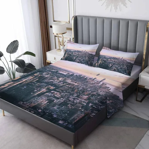 Miniatura 8 de New York Sheets K8-&-177 - Juego de sábanas y fundas de almohada, tamaño Queen, diseño de paisaje urbano de atardecer, 4 piezas, sábana bajera
