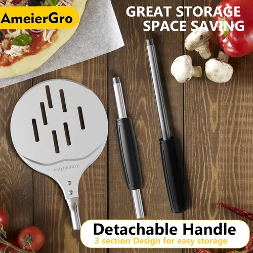 Miniatura 6 de Cáscara de torneado de pizza, espátula de pizza perforada de 7 pulgadas, espátula de pizza ajustable de mango largo, anodizado endurecido