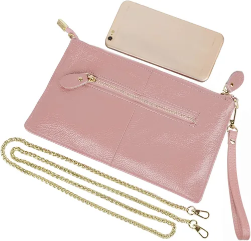 Miniatura 5 de YALUXE Clutch Wristlet - Cartera de piel auténtica con bloqueo RFID y cadena de hombro