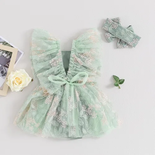 Miniatura 5 de Ursobutegl Mameluco de princesa para bebé recién nacida, vestido de malla bordado, elegante, tutú con falda, overol para cumpleaños