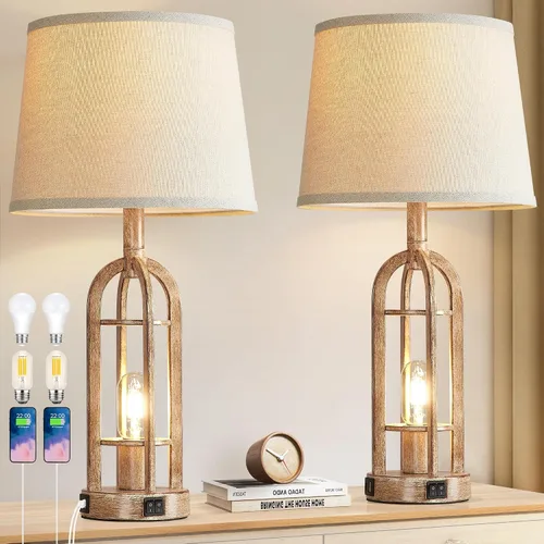 Miniatura 8 de SRJJA Juego de 2 lámparas de mesa negras para sala de estar, lámparas de granja para mesitas de noche con USB A+C, lámparas de noche