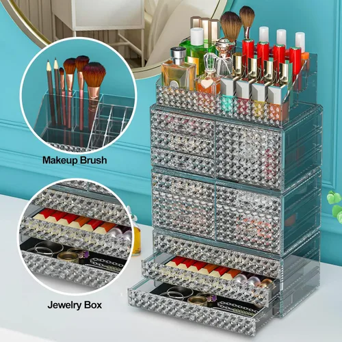 Miniatura 5 de Awenia Paquete de 4 organizadores de maquillaje apilables [actualizado], almacenamiento de cosméticos acrílicos, gran capacidad con 11 cajones