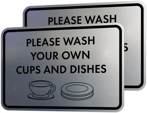 Miniatura 71 de Letrero clásico enmarcado con texto en inglés «Please Wash Your Own Cups and Dishes» (oro cepillado), pequeño