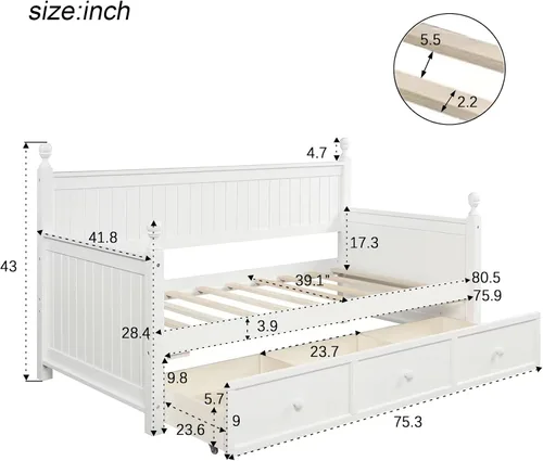 Miniatura 2 de Harper & Bright Designs Sofá cama de madera con tres cajones inseparables, marco de sofá cama de tamaño individual, estilo moderno para dormitorio