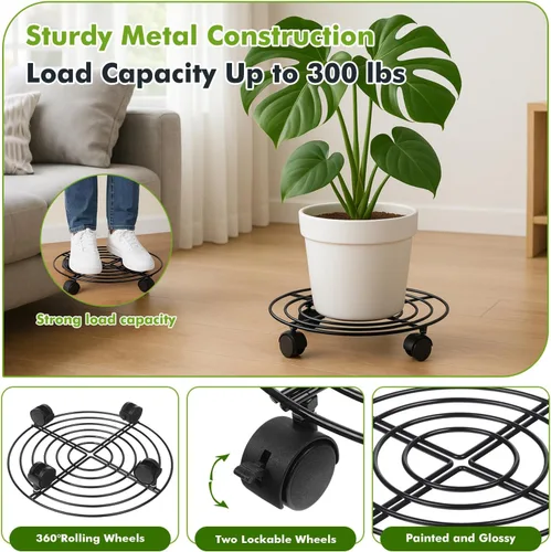 Miniatura 4 de Paquete de 5 cestas de metal para plantas de 11.8 pulgadas con ruedas, soporte de hierro forjado resistente con ruedas para uso en interiores