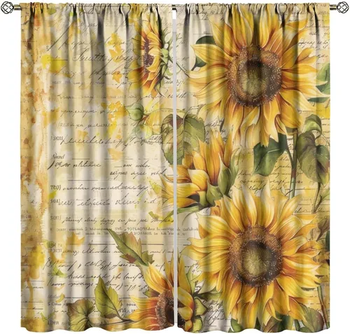 Miniatura 21 de Cortinas opacas con diseño de girasol, rústico, con diseño de girasol, mariposa, verde, amarillo, negro, para niñas, mujeres, dormitorio, sala