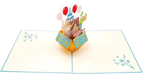 Miniatura 6 de iGifts And Cards Tarjeta desplegable 3D de cumpleaños 21 – Caja de fiesta azul de moda sorpresa con globos, regalos y vibraciones de alegría