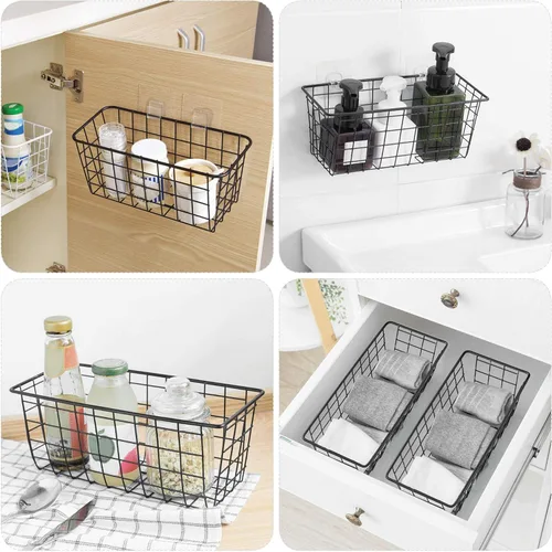 Miniatura 6 de Paquete de 4 cestas de almacenamiento de alambre para el hogar, contenedores de metal montados en la pared, contenedores organizadores para cocina