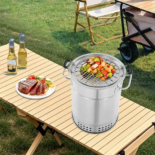Miniatura 9 de Parrilla de carbón portátil para barbacoa, parrilla envolvente de acero inoxidable, parrilla de barril de carbón, capacidad de 20 brochetas
