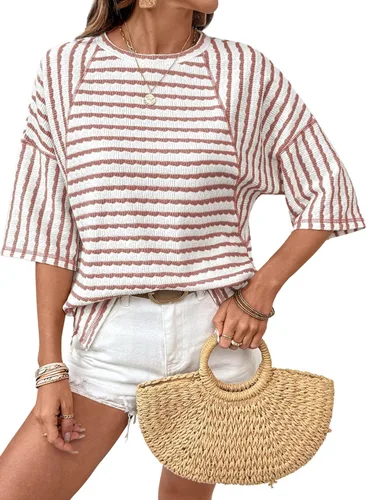 Miniatura 8 de Dokotoo Camisetas de verano para mujer, camisetas de gran tamaño para mujer, a rayas, bloques de color, manga corta, cuello redondo, blusas casuales