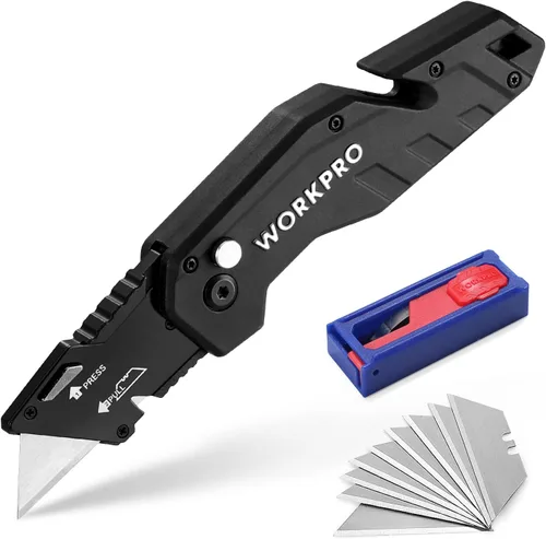 Miniatura 8 de WORKPRO Cuchillo utilitario plegable, hoja de cambio rápido, mango de nailon ligero, cortador de utilidad con 10 cuchillas adicionales Rojo