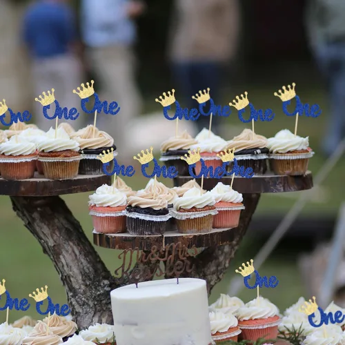 Miniatura 7 de Gyufise 24 piezas de decoración para cupcakes de primer cumpleaños, corona con purpurina, para baby shower, 1er cumpleaños, decoración de tartas