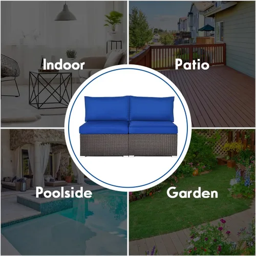 Miniatura 6 de COSTWAY Juego de 2 sofás de ratán de polietileno sin brazos, sillas de mimbre para patio con cojín suave, muebles seccionales al aire libre