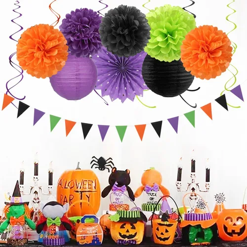 Miniatura 4 de Decoraciones de Halloween en negro, púrpura y naranja-verde - 20 piezas de linternas de papel, pompones de seda, bolas de panal, decoración