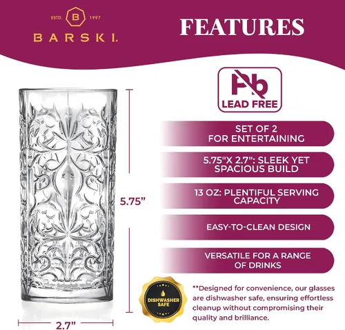 Miniatura 5 de Barski Highball Glass - Vasos para beber – Juego de 2 vasos Hiball – Vaso de cristal – para agua, jugo, cerveza, cócteles mixtos, vaso de mojito