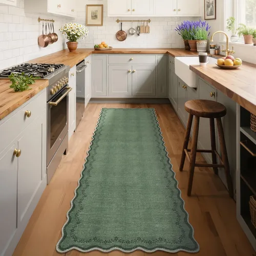Miniatura 3 de GarveeHome 2.6x10 Alfombra Lavable con Bordes Ondulados para Cocina, Alfombra Larga de Pasillo Suave en Verde Oscuro, Alfombra Antideslizante