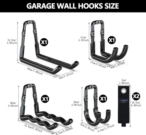 Miniatura 2 de 3-H Ganchos de garaje súper resistentes, paquete de 6 ganchos de pared de garaje de construcción de una sola pieza, colgador de garaje y organizador