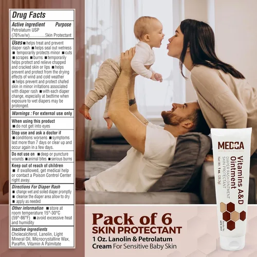 Miniatura 5 de MEDca Vitamina A y D Ungüento para erupción del pañal, crema protectora para piel sensible del bebé, fórmula de lanolina y vaselina, manos y pies