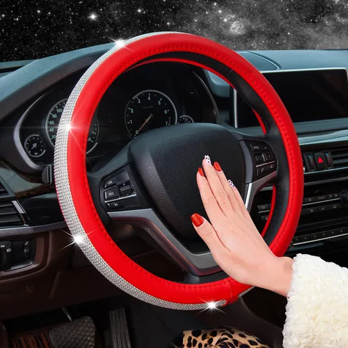 Miniatura 2 de Nueva funda para volante de cuero con diamantes de imitación con brillantes cristales de brillo, protector de rueda universal de auto de 15 pulgadas