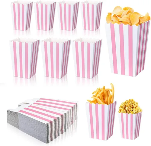 40 cajas de papel rosa para palomitas de maíz, bolsas de palomitas de maíz rosas con rayas blancas, cajas de palomitas de maíz para fiestas,