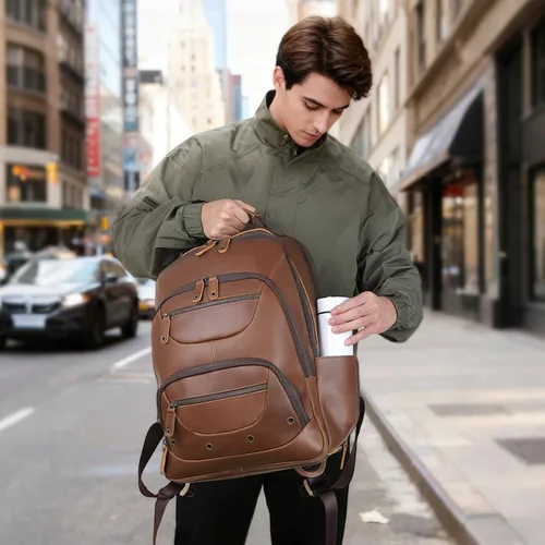 Miniatura 9 de TIDING Mochila de cuero para hombre para laptop de 16 pulgadas y 15.6 pulgadas, bolsa de trabajo vintage de viaje de negocios, mochila grande