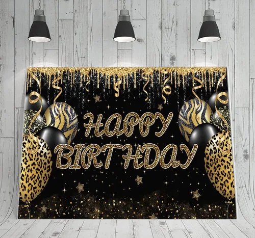 Miniatura 3 de Telón de fondo grande de leopardo dorado con texto en inglés "Happy Birthday", enorme pancarta de guepardo para decoración de fiestas, fondo