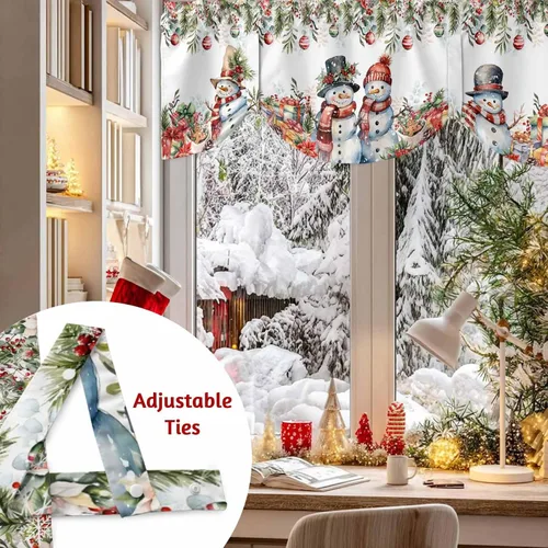 Miniatura 4 de Cenefa de amarre de muñeco de nieve de dibujos animados para ventanas de cocina, bolas de Navidad, ramas de hojas, cenefas de cortina de 42 x 12