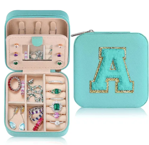 Joyero de viaje para mujer, un joyero con inicial, organizador de joyas de viaje, estuche de joyería azul, mini estuche de viaje para niñas, joyero
