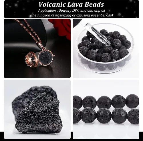 Miniatura 4 de PH PandaHall 380-390 cuentas de lava natural de 0.39 pulgadas teñidas de negro, cuentas redondas de piedra de lava para fabricación de joyas