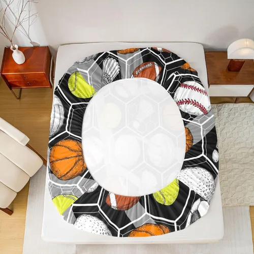 Miniatura 5 de Juego de ropa de cama para juegos de pelota, básquetbol, fútbol, sábana bajera hexagonal, geométrica, deportiva, sábana plana, béisbol, tenis