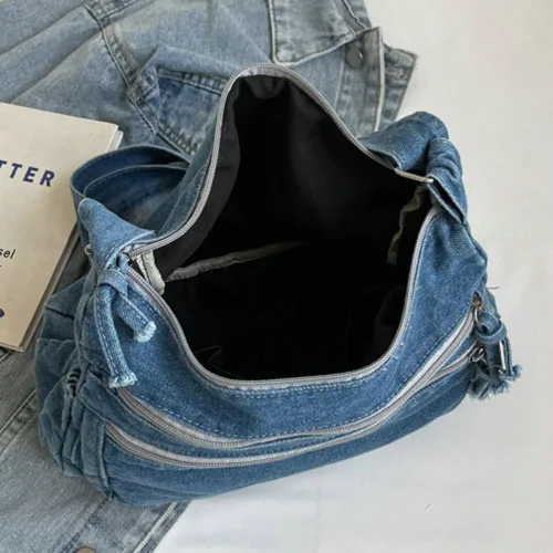 Miniatura 3 de Bolso de hombro grande retro para mujer de lona de denim, bolso cruzado de denim, bolso ligero informal, bolso de mano con asa superior