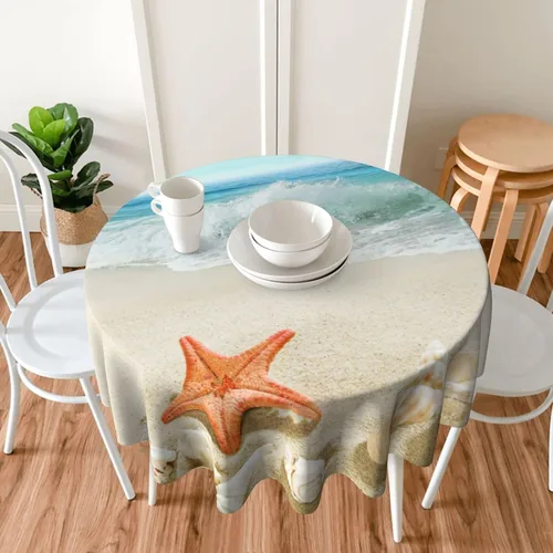 Miniatura 7 de Sweetshow Mantel redondo de playa de verano de 60 pulgadas, impermeable, de poliéster, lavable, diseño circular de arena con estrellas de mar y olas