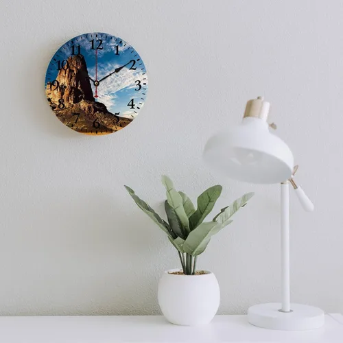 Miniatura 6 de Reloj de pared de madera de 10 pulgadas, famoso paisaje de montaña, reloj de pared para cocina, funciona con pilas, número arábigo, paisaje