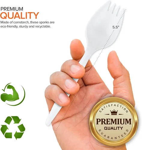 Miniatura 3 de Sporks desechables (paquete de 50) tenedores de plástico blanco, sin BPA, seguros para niños, utensilios 2 en 1, cuchara de tenedor de peso pesado