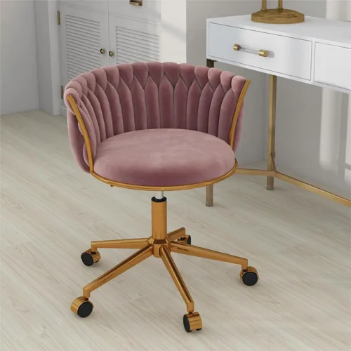 Miniatura 12 de ABET Silla de tocador con ruedas, pequeña silla de escritorio de terciopelo para oficina, taburetes de maquillaje semicirculares tejidos a mano