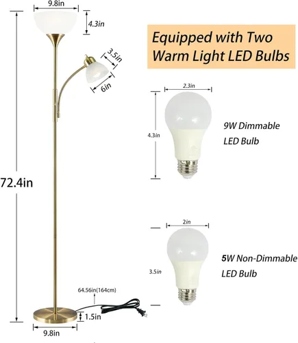 Miniatura 5 de Lámpara de pie, lámpara de pie regulable, brillo de atenuación continua, incluye bombillas LED de 9 W y 5 W, lámpara de pie industrial para sala