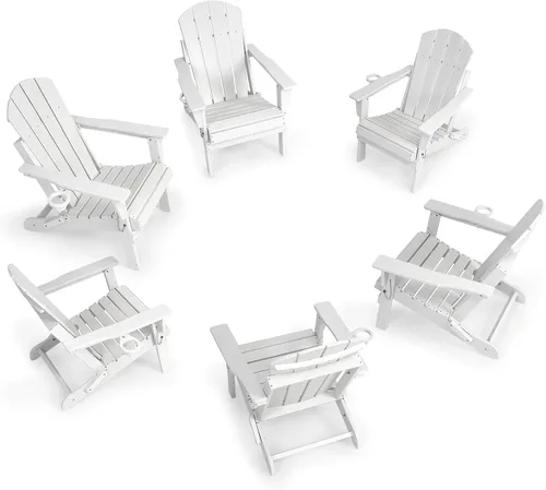Miniatura 22 de Silla Adirondack plegable de HDPE, silla de patio al aire libre con soporte para tazas, silla de césped de grano de madera resistente a