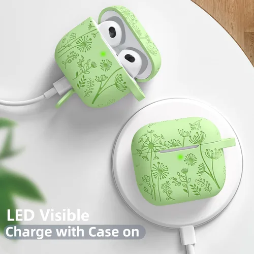 Miniatura 8 de Lerobo Funda con grabado de flores para estuche de AirPods de 3ª generación, funda de estuche con llavero, cubierta de silicona compatible con Apple