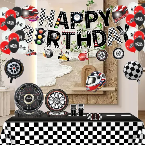 Miniatura 6 de Juego de vajilla para decoración de fiesta de cumpleaños de coche de carreras, incluye pancartas de cumpleaños de autos de carreras, globos