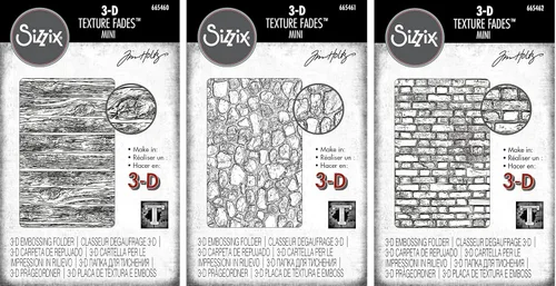 Tim Holtz Sizzix 3D Texture Fades - Carpetas en relieve - Mini madera, mini adoquines y mini ladrillos - Paquete de 3 artículos