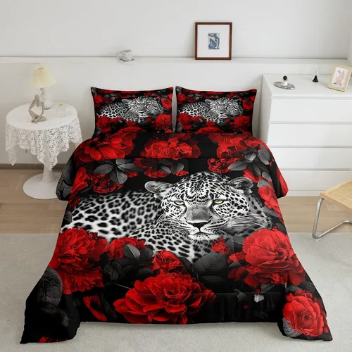 Miniatura 15 de Erosebridal Juego de ropa de cama de guepardo con rosa azul, juego de edredón con estampado de leopardo y gato, edredón romántico de plumón