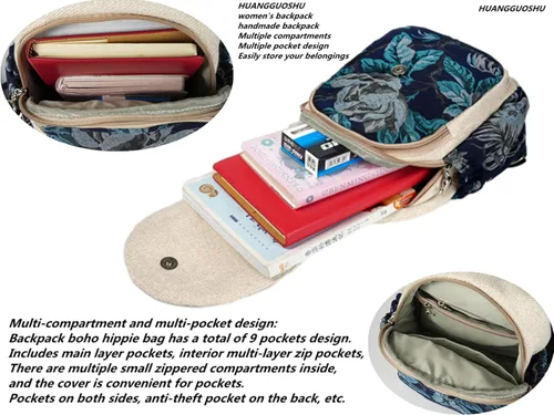Miniatura 142 de HUANGGUOSHU Mochila de algodón tejida de algodón bohemio con bordado de lona estilo bohemio con múltiples bolsillos retro linda mochila cartera