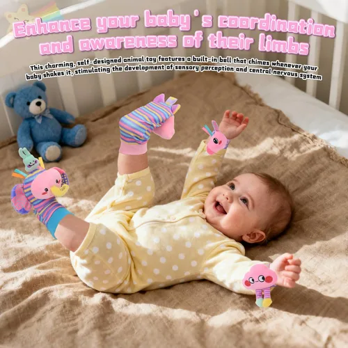 Miniatura 8 de Calcetines con Sonajero de Muñeca y Buscador de Pies para Niñas Bebé, Juguetes Sensoriales de Unicornio Rosa Esenciales para Recién Nacidos de 0 a