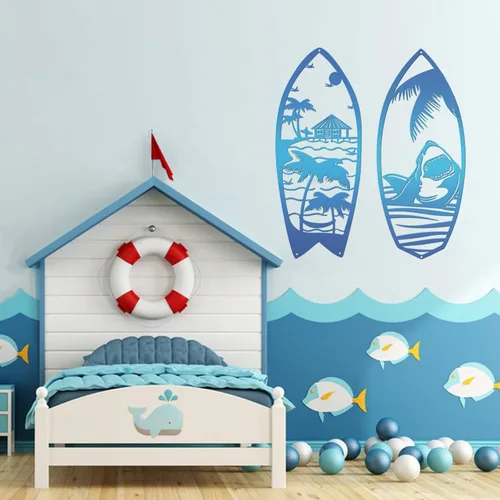 Miniatura 7 de 4 piezas de tabla de surf de metal para decoración de pared, tabla de surf de verano, letreros de playa, tiburón, palmera, arte de pared, decoración