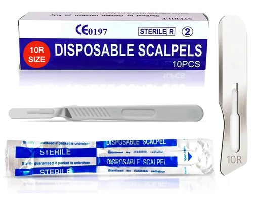 Miniatura 10 de MedHelp Scalpel 14R - Cuchillas dermaplaning con mango de plástico, cuchillas Dermablade de acero de alto carbono. Hoja 14R envuelta Paquete de 10