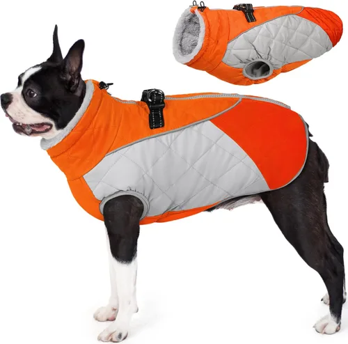 Miniatura 15 de AOFITEE Abrigo para perro, abrigo cálido de invierno para perros pequeños, chaqueta reflectante de cuello alto para perros con arnés integrado, Rojo