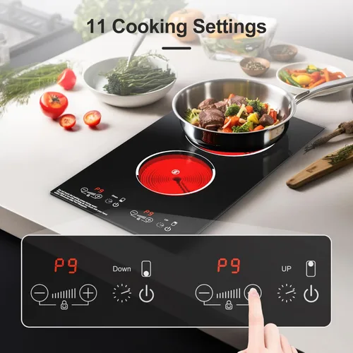 Miniatura 5 de Placa de cocina eléctrica, quemador eléctrico de 2 quemadores integrados y encimera para cocinar, estufa de 2400 W 110 V, 11 ajustes de potencia