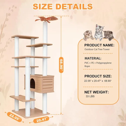 Miniatura 7 de Torre para gatos resistente a la intemperie de 68.9 pulgadas de alto, árbol para gatos de varios niveles, condominio grande para gatos con tablero
